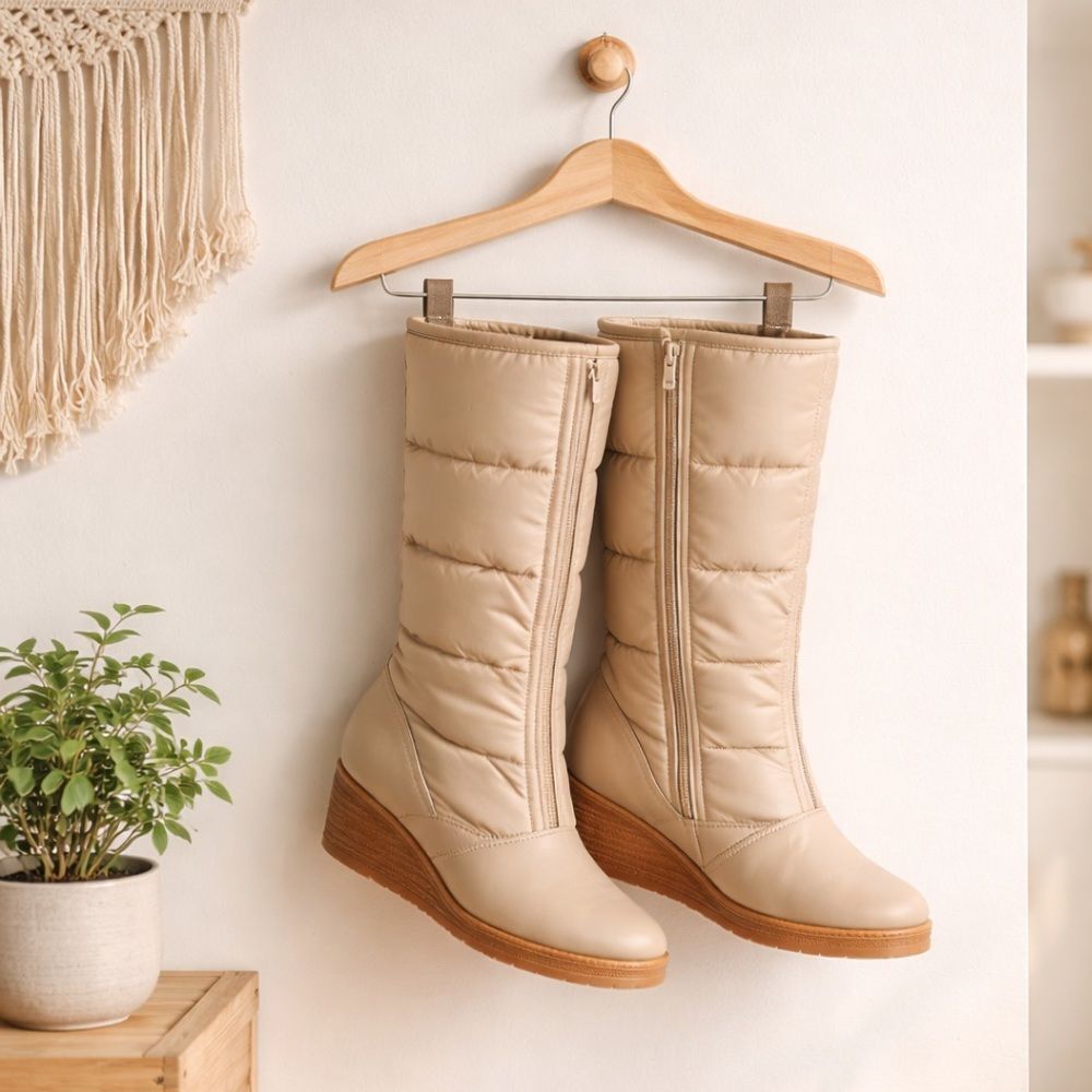 🛍️ KINNEY Women's Tan Vintage Rain Snow Faux fur Lining Front Zip Wedge Boots 8